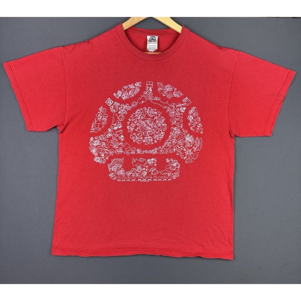Vintage Y2K Nintendo Super Mario Drawing Red Shirt Promo 1Up Toad Art Rare Large